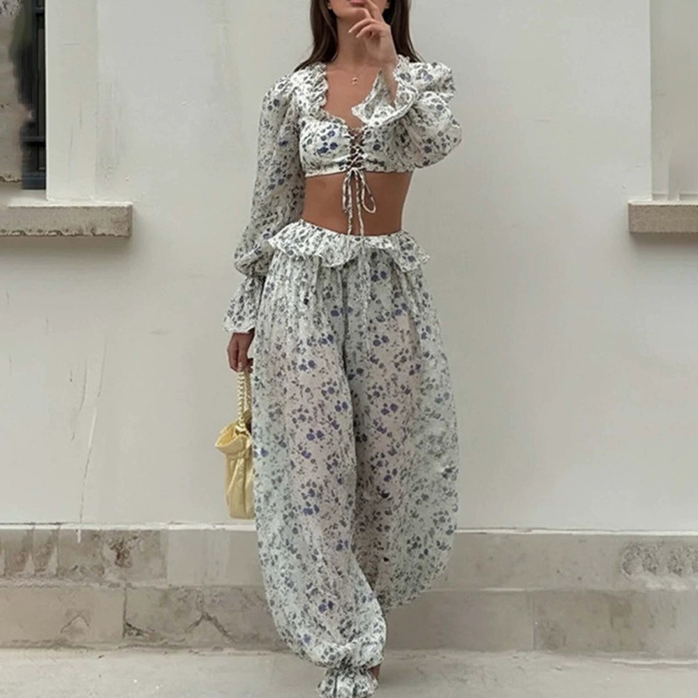 ZARA Sexy Summer Fashion Long Sleeve Crop Top Wide Leg Pants Two Piece Set